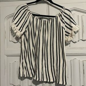 Boho Black and cream striped knit shirt with fringed sleeve
